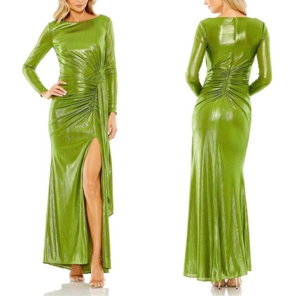 Mac Duggal Apple Green Glimmering Bateau Neckline Draped High Slit Evening Dress - Picture 1 of 6